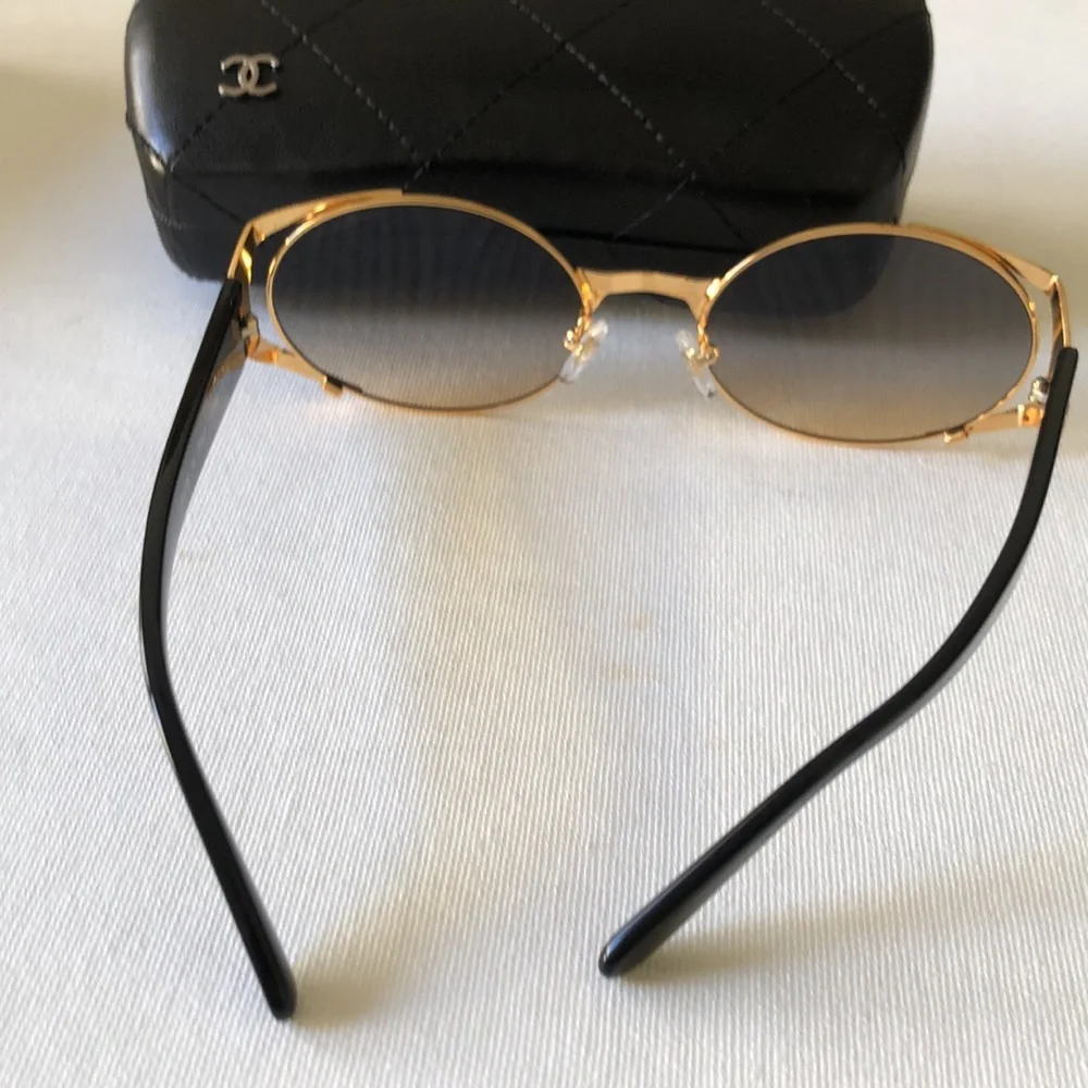 Chanel Gold Metal Round Sunglasses with Black Case